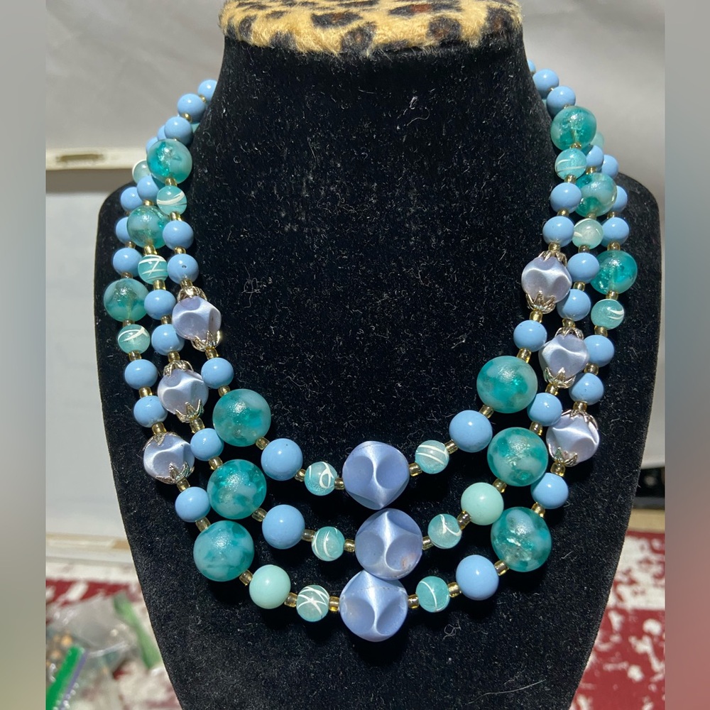 Vintage Triple Strand Beaded Necklace Aqua Periwinkle Blue Japan